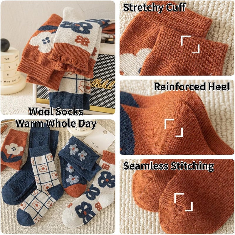 FORJMMP 5/10 Pairs Wool Socks for Women Thick Knit Vintage Cute Floral Crew Socks - Image 3